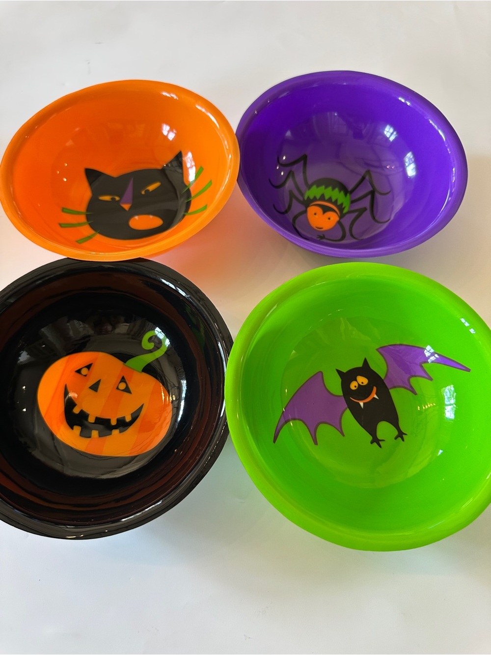 Halloween Treat Plastic Bowls - Orange, Purple, Black, Green Set of 4